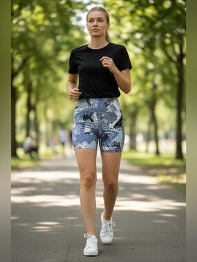 Women's Blue Abstract Print Stretch Bike Shorts